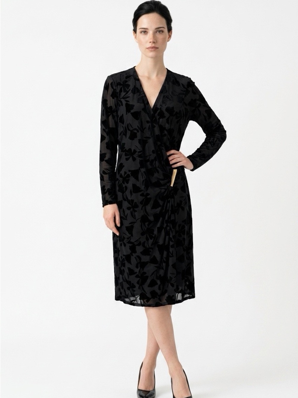 Black Floral Velvet Wrap Dress